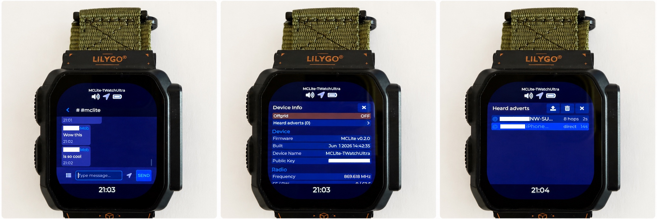 MCLite running on three T-Watch Ultra devices